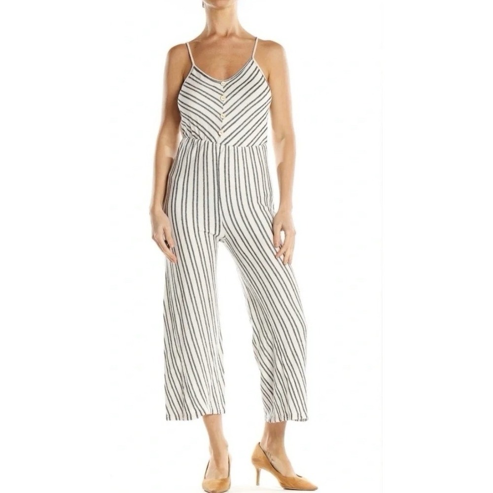 Caution to the Wind Navy Cream Striped Wide Leg Jumpsuit Medium J4660-GBS